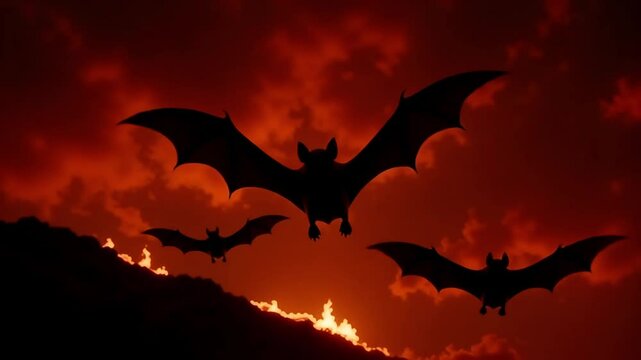 Silhouettes of flying bats against dramatic red sky over mountain during sunset
