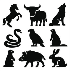 Western Animal Icons. Solid vector icons of iconic western animals: mustang horse, bull silhouette, howling coyote, rattlesnake,