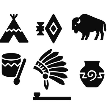 Native Western Icons. Solid vector icons of native western symbols: teepee tent, tribal pattern icon, arrowhead symbol, buffalo