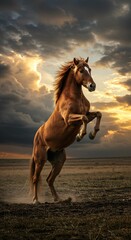 Majestic horse rearing at sunset under dramatic clouds.