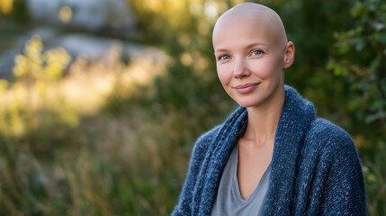 Fototapeta premium Empowering outdoor portrait of bald female cancer survivor, eyes full of hope and determination, sunlight casting soft highlights on smooth skin, natural environment enhancing her