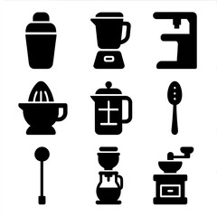 Brewing Tools Icons. Solid style icons of brewing and preparation tools: cocktail shaker, blender icon, soda dispenser, manual