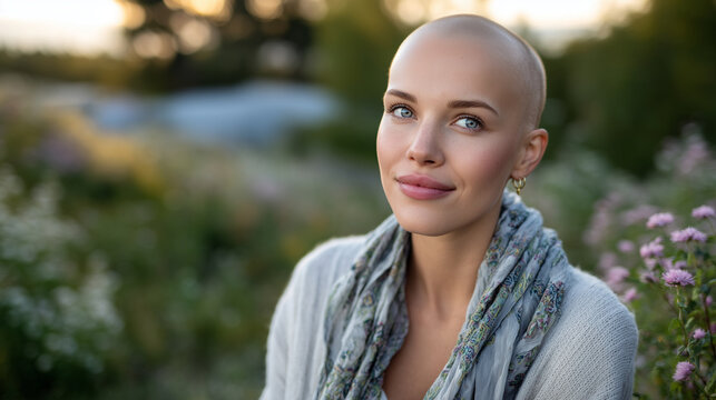 Beautiful bald woman outdoors in soft breeze, wearing light clothing, confident upward gaze, natural backdrop of trees and flowers, symbolizing triumph over adversity and embracing