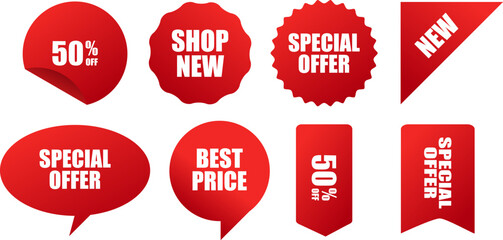 Red Starburst Badge Set – Vintage Flat Style Sale and Discount Labels for Shopping Promotions