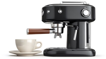 A black espresso machine with a cup on a white surface.