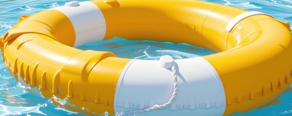 Bright Yellow Lifebuoy Floating in Clear Blue Pool Water for Safety and Rescue Use