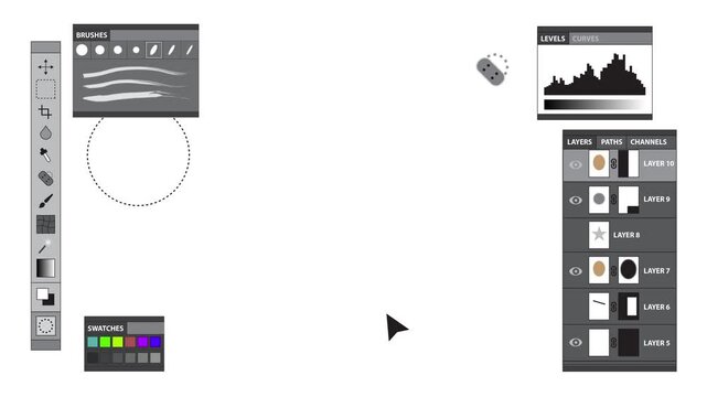 Photoshop retouching app blank white screen for image or video placement. Tools, swatches, panels, and layer controls. Ideal as a template or design mockup