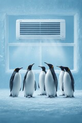 A group of realistic penguins standing together in front of an air conditioner, with cool air visibly blowing towards them. The background is icy blue, emphasizing a cold, refreshing environment