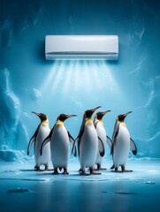 A group of realistic penguins standing together in front of an air conditioner, with cool air visibly blowing towards them. The background is icy blue, emphasizing a cold, refreshing environment