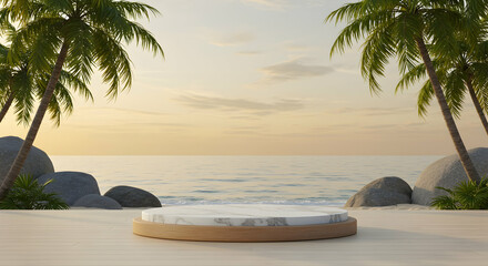 Obraz premium Tropical Beach Sunset Scene Product Display Mockup Minimalist Summer Vacation Paradise Island
