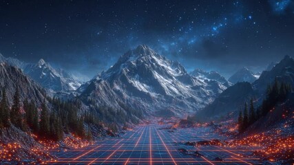 Retro futuristic mountain landscape with grid, stars, and glowing orange details - Powered by Adobe