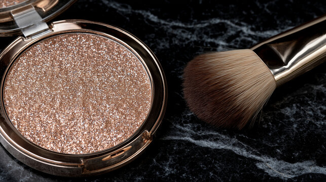 Glamorous flat lay with sparkling bronzer compact, powder glinting on smooth black acrylic surface, makeup brush casting elegant shadow, evoking luxury beauty lifestyle and modern