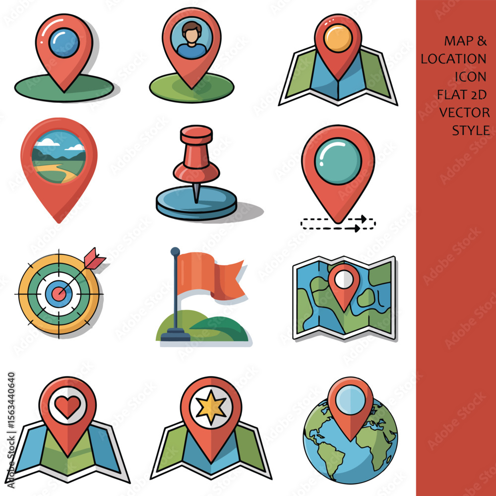 Aufkleber twelve colorful flat 2 d vector style map and location icons featuring red location pins maps flags 