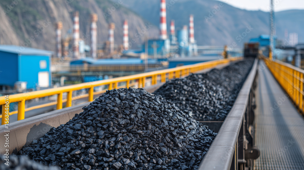 Poster black coal glistening with dust and moisture on fast-moving conveyor system, factory equipment and m