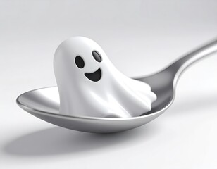3D cute ghost face icon lying on a spoon, Halloween-themed, minimal white or blurred background