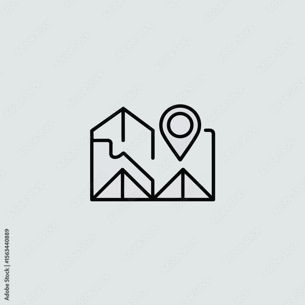 Poster simple black line art icon depicting a folded map with a location pin marker indicating a specific p