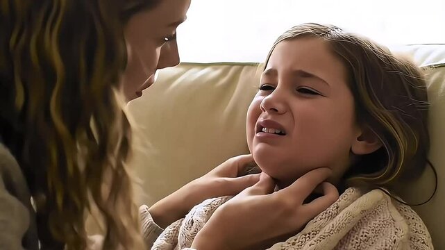 footage capturing an empathetic and tender moment between an adult, likely a mother, and a young girl suffering from a sore throat.