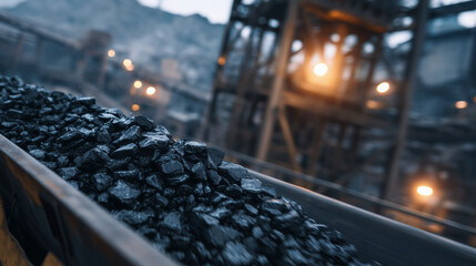 Slow-motion visual of crushed coal shifting along a rubber conveyor inside a vast mining complex, metallic echoes and distant machinery framing the energy-heavy atmosphere