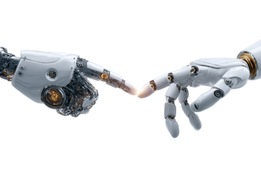 Robotic Hands Touching Symbolizing Connection Technology Future, isolated on a transparent background