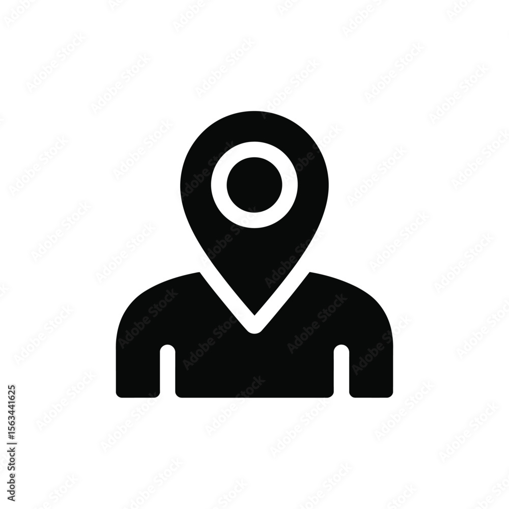 Poster black silhouette icon of a person with a location pin on top simple solid glyph minimalist design fo