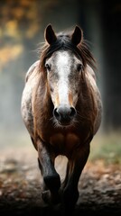 Obraz premium Majestic horse galloping through a forest path on a misty autumn morning