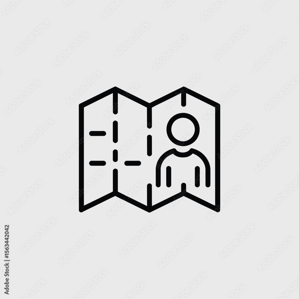 Poster black and white line art icon depicting a folded map with a simplified human figure centrally locate