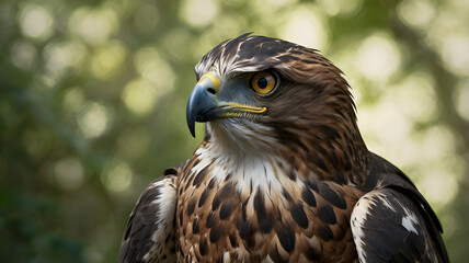 Obraz premium Majestic Eagle's Gaze: A close-up shot of a regal eagle, its sharp eyes fixed with unwavering intensity. Capturing every detail, from its formidable beak to the intricate texture of its feathers.