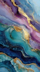 Abstract fluid art with shades of blue, purple, and gold creating a harmonious and elegant composition
