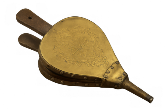 Vintage brass camera bellows displaying ornate floral pattern, wooden grips, preserved antique photographic equipment detail against transparent backdrop