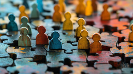 Diversity represented by wooden figures on a puzzle, symbolizing connection, teamwork, collaboration, and the importance of social relationships.