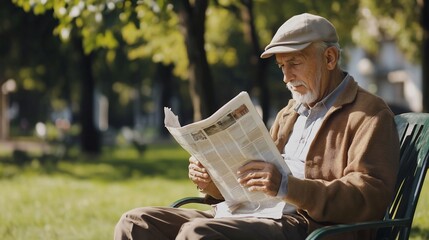 Senior Man Enjoying Newspaper Reading in a Tranquil Park Setting