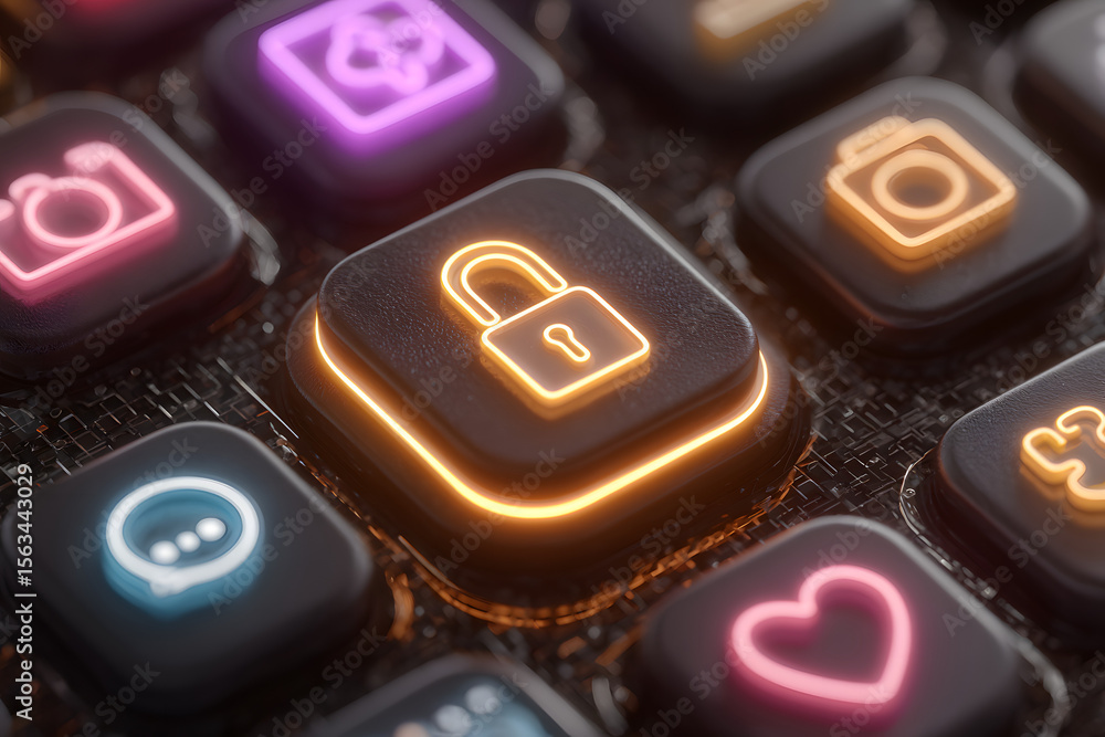 Poster padlock symbolizing security and protection with colorful geometric shapes and icons representing pr