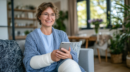 Indoor rehabilitation moment: woman with splint on arm and leg wrapped in orthopedic support device grins while watching a funny video on her smartphone, with cozy home elements ar