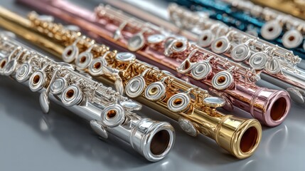 Naklejka premium Chromatic Flutes: A Symphony of Metallic Hues and Musical Brilliance Display