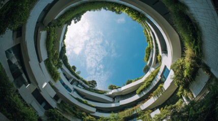 Unique Circular Architectural Design Surrounded by Lush Greenery under Bright Clear Blue Sky