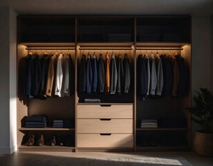 Minimalist male closet with neatly arranged shirts, hangers, and drawer storage. Fashion, style, organization, and modern interior concept.AI Generated image