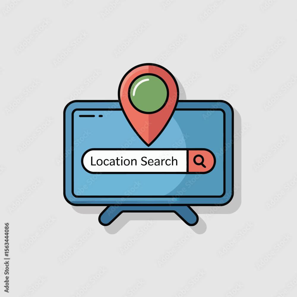 Poster flat style icon depicting a blue computer monitor displaying a location search bar with the words lo
