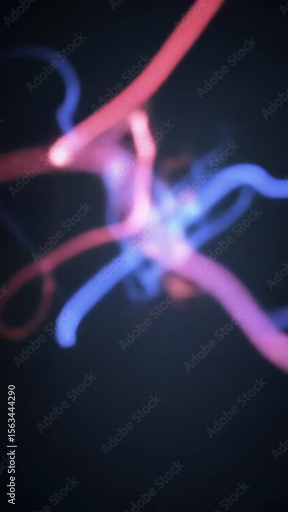 Poster Luminous red and electric blue plasma-like light forms fluidly undulate, swirling mesmerizing patterns on a deep charcoal gradient background, captured with macro shallow focus and lens flares in a