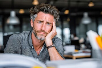 Stressed businessman leaning head on hand at office desk