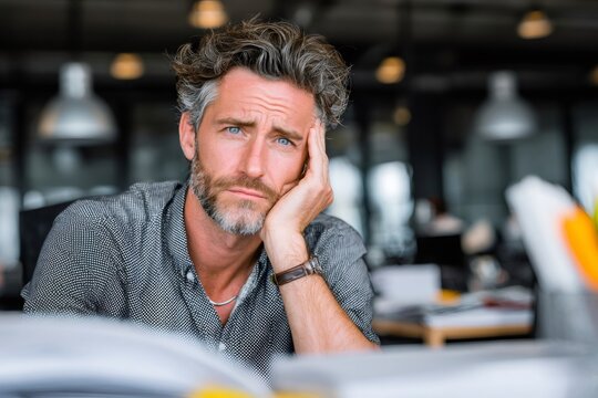 Stressed businessman leaning head on hand at office desk - Powered by Adobe