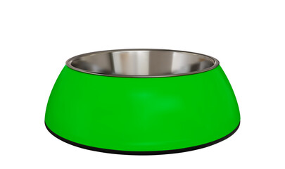 Realistic green glossy pet feeding bowl. 3d stock vector illustration on isolated background.