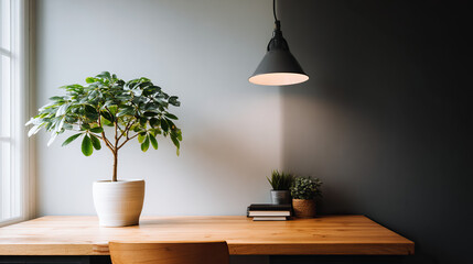 Minimalist wooden desk with potted plant in Scandinavian style, embodying simplicity and natural harmony.