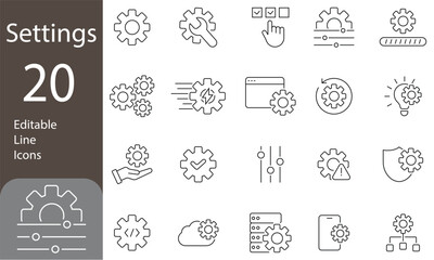 Settings Editable Line Icons Set. Preferences, configuration, containing options, adjustments, operation, gear, control panel, and more. Vector illustration