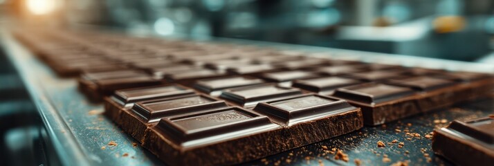 Chocolate bars being produced on a conveyor belt in a factory during a busy production day