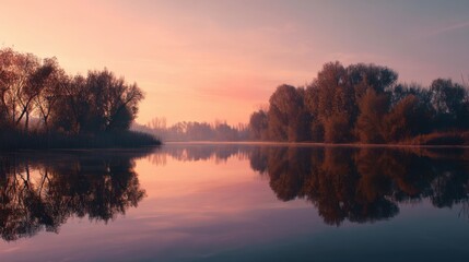 Obraz premium Serene sunrise over a tranquil lake with trees reflected on the water