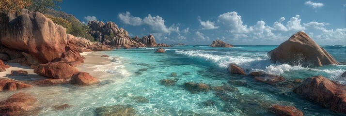 Serene coastline with clear turquoise water and rocky formations during sunny midday