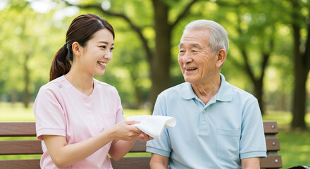 夏の屋外で介護士が高齢者にケアを提供