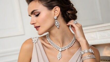 Woman showcasing elegant diamond jewelry set including necklace earrings bracelet and ring on light background