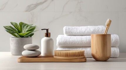 Minimalist bathroom decor with natural elements and white towels on display