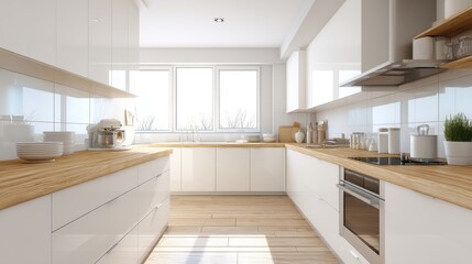 Modern white kitchen with wooden countertops and ample sunlight through windows